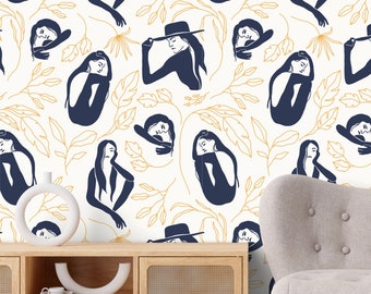 Papel tapiz con líneas de cuerpo femenino: estilo bohemio chic, despegar y pegar