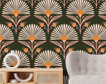 Art Deco Palm Wallpaper: Green Floral Art Nouveau, Removable