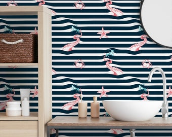 Papier peint tentacules de poulpe : rayures bleues nautiques, papier peint amovible