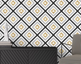 Geometric Pattern Wallpaper / Art Deco Black and Gold Rhomb Pattern / Removable and Washable Wallpaper / Peel & Stick or Regular Material