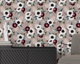 Watercolor Peony Floral Wallpaper: Beige Removable Wall Decor