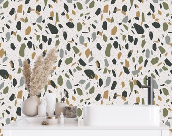Papel pintado de terrazo verde: estilo bohemio, extraíble y adhesivo.