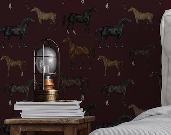 Papier peint chevaux vintage : papier peint amovible bordeaux, amovible, décoration murale bordeaux
