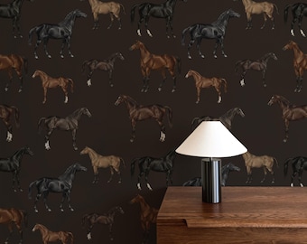 Papier peint chevaux vintage : décoration murale amovible marron foncé