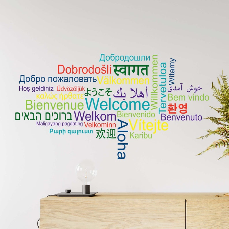 Welcome in Different Languages Wall Decal by Wallency Various Sizes Inspiring Removable Vinyl Sticker image 1