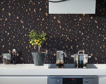 Papel pintado de terrazo oscuro: diseño de piedra bohemia, decoración de pared extraíble