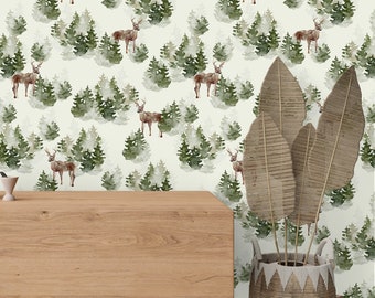 Watercolor Pine Trees Wallpaper / Evergreen Forest and Deer Pattern / Removable and Washable Wallpaper / Peel & Stick or Regular Material