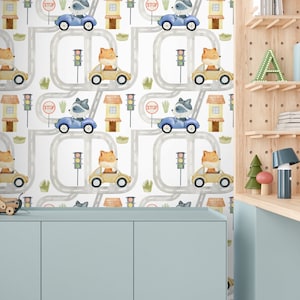 Papel de parede de carros - lindos animais e veículos da floresta em aquarela Papel de parede para quarto de meninos, removível e lavável, removível e colante ou material normal
