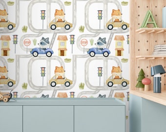 Cars and Woodland Animals Wallpaper – Removable Nursery Decor