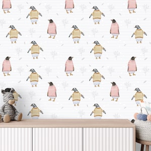 Watercolor Cute Penguins Wallpaper /  Penguins with Sweaters Wall Art / Nordic Nursery Wallpaper / Peel & Stick or Regular Material