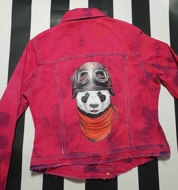 red distressed denim jacket