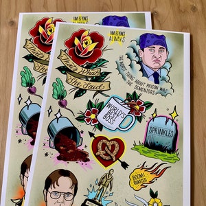 May include: A set of 10 The Office-themed tattoo flash designs. The designs include a rose with the text "That's what she said", a coffee mug with the text "World's Best Boss", a tombstone with the text "Sprinkles", a character with the text "Boom! Roasted", a coffee mug with the text "The Finer Things Club", a camera, a trophy with the text "Whitest Sneakers", a character with the text "False", a pretzel, and a heart.