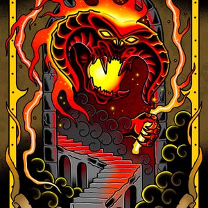 Può includere: Illustrazione in stile tatuaggio raffigurante un demone di fuoco con bocca incandescente e fiamme. L'opera include una scala che conduce a un'area oscura, con le parole "Shadow and Flame" su uno stendardo.