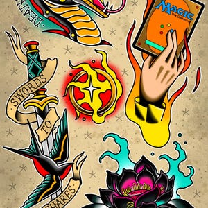 May include: A tattoo-style illustration featuring a snake, a hand holding a Magic card, a sword with a banner, a stylized flame, a lotus flower, and the text "DEATHTOUCH" and "PLOWSHARES". The artwork is in a vintage style with a beige background.