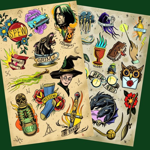 harry potter hogwarts tattoo flash sheet art print etsy