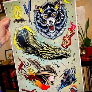 May include: A collection of traditional tattoo flash designs featuring a wolf head, a dragon, a knight on horseback, a helmet with wings, a sword, a key, a campfire, and a potion bottle.