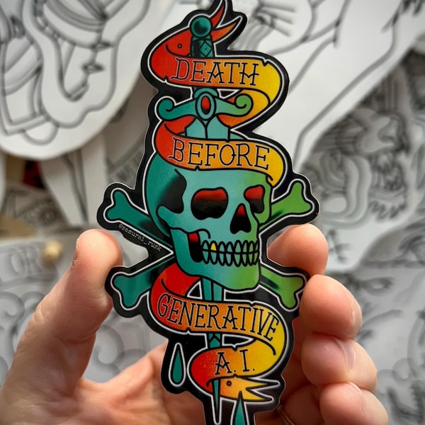 May include: A sticker featuring a teal skull pierced by a sword, wrapped in a yellow and red banner with the text DEATH BEFORE GENERATIVE A.I. The design includes green crossbones behind the skull, all outlined in black with a bold graphic style.