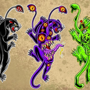 May include: Three different tattoo flash designs featuring black, purple, and green panther-like creatures. The black panther has a long tail and is in a standing position. The purple panther has multiple eyes and a long tongue. The green panther has a dagger and an arrow in its back.