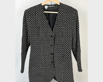 Vintage Debora Kuchmé Kuchme Printed Silk Jacket Blazer Button Up Long Sleeve Top Black Tan Geometric Size 10