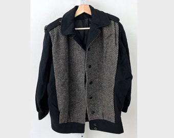 Vintage George David Fashions Womens Button Up Coat Tweed Bomber 80s Black Gray Multicolor Oversized M/L