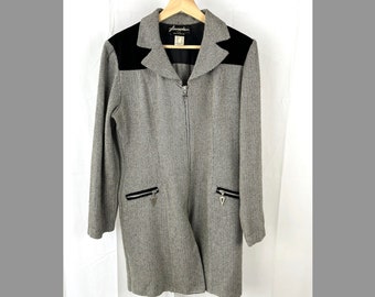 FAROUCHE by Lori Weidner Herringbone Tunic Jacket Wool Blend Velvet Full Zip Canada Black Gray Size 8 Vintage VTG