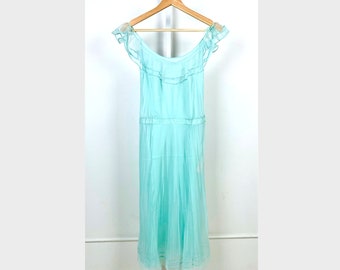 NWT Vintage Vanity Fair Nightgown Sheer Ruffle Pleated Belted Long Aqua Blue Green NOS Size 36