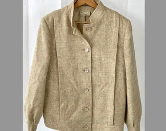 PITLOCHRY Shetland Scotland Button Front Pure New Wool Jacket Stand Collar Beige Estimated M L
