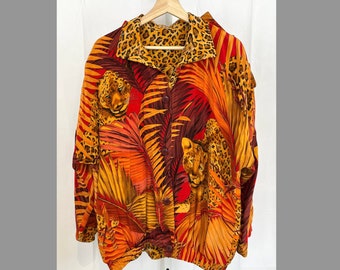 Linda Allard Ellen Tracy Vintage Silk Reversible Bomber Jacket Button Front Top Animal Print Leopard Orange Estimated L / XL