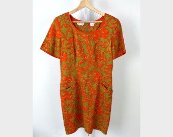Pia Rucci Linen Shift Dress Short Sleeve Sheath Floral Leaf Print Size 8 Orange Green