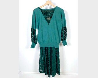 Vintage Snow Lotus Outfit Long Dolman Sleeve Cashmere Sweater Sheer Floral Midi Skirt Green Size 40 US S See Measurements
