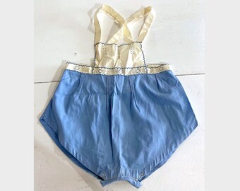 Vintage Handmade Boys Romper Outfit Suspender Shorts Blue Ivory Bubble One Piece Button Suspenders Hand Made