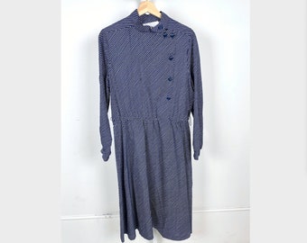 Vintage Pierre Balmain Paris Striped Dress Size 18 Long Sleeve Asymmetric Button Mock Neck Navy Blue White