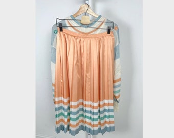 Vintage Jaymee Papell Outfit Set Size M Embellished Mock Sweater Pleated Midi Skirt Pastel Cream Blue Orange