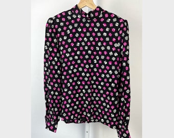 Vintage Richilene Blouse for Elizabeth Arden Salon Printed Long Sleeve Top Shirt Black White Purple Size 8