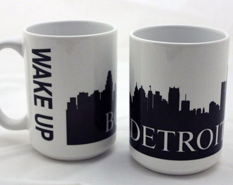 City Skyline Inspired Coffee Mugs / Custom City Skyline Mugs / Mug Gift Set / USA City Sky Lines / Wake Up! /