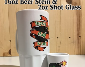 Irish Car Bomb 16oz Ceramic Beer Stein & 2oz Shot Glass Combo Set St Patrick's Day Shot Glass Holiday Glasses St Pattys Day Drinkware
