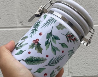 Holly leaves / Christmas / Ceramic 14oz Weed Stash Jar / Mary Jane / That's Dope / With free sticker