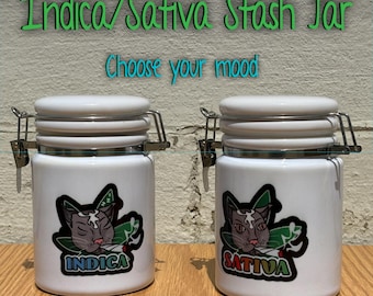 Indica/Sativa Ceramic 14 oz White Sublimated Weed Stash Jar Mary Jane Ganja Jar Snoop That's Dope / 420 / With free sticker