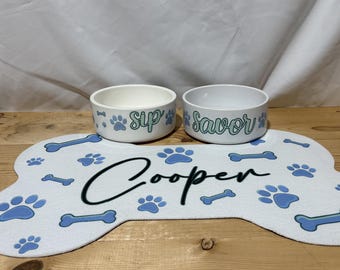 Custom name dog floor mat with food and water bowls / Pink or Blue / Sip and Savor / Custom dog name / Get it as a set or individually!