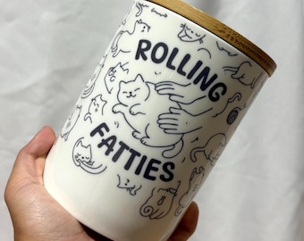Rolling Fatties Jar / 25 oz Container / Storage Jar / Food Storage / Ceramic / Bamboo Lid / Cats