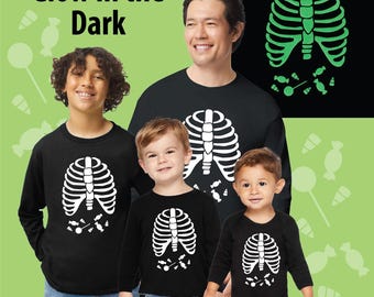 Candy Ribs "GLOW in the Dark" Long Sleeve T-shirt/ Trick or treat/ Halloween Party/ Skeleton Fun/ Adults, Kids, Infant/ Family Novelty Fun