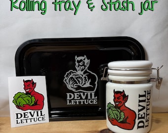 Devil Lettuce Rolling Tray & Ceramic 14oz White Sublimated Weed Stash Jar / 420