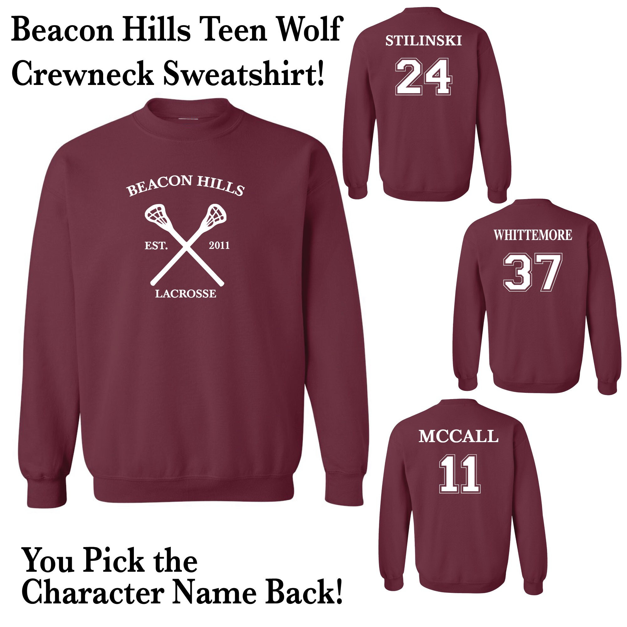 Beacon Hills Teen HOODIE Stilinski McCall Lahey All Names Lacrosse  PERSONALIZED