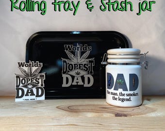 World's Dopest DAD Rolling Tray & Ceramic 14oz White Sublimated Weed Stash Jar / 420 / Father's Day / the man. the smoker. the legend.