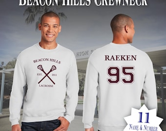 Teen Wolf Beacon Hills Lacrosse Front Only Crewneck White-Maroon Sports Scott McCall 11 Crewneck Stiles Stilinski 24 TV Shows Lahey