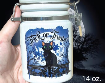 Black Cat TRICK or TREATS? Storage Jar / Halloween / Funny Weed Jar / Cat Treats Container / Black Cat / Fun with Catnip / With free sticker