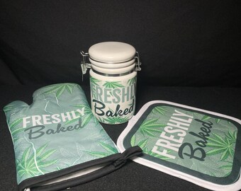 Freshly Baked Kitchen Set / Ceramic 14oz White Sublimated Weed Stash Jar / Oven Mit / Hot Pad