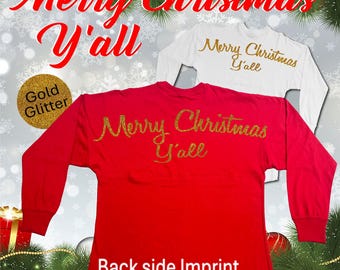 Glitter Merry Christmas Yall Game Day Jersey Long Sleeve T-shirt/ Gold Glitter HTV Imprint / Light weight / Holiday Spirit