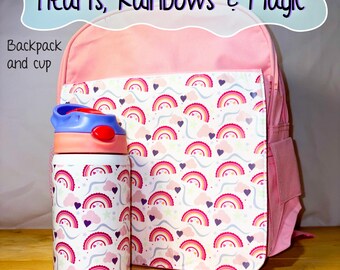 Kids Backpack and cup / set or individual / Rainbow Hearts themed / Fun back to school