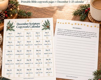 25 días de escritura bíblica navideña para niños, Biblia de Adviento versión King James imprimible, escritura a mano para educación cristiana en el hogar, calendario de diciembre